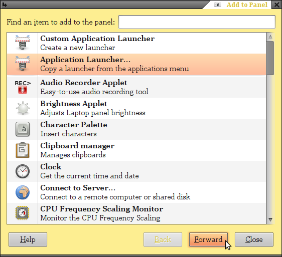 Add to Panel Toolbar launcher selcet window